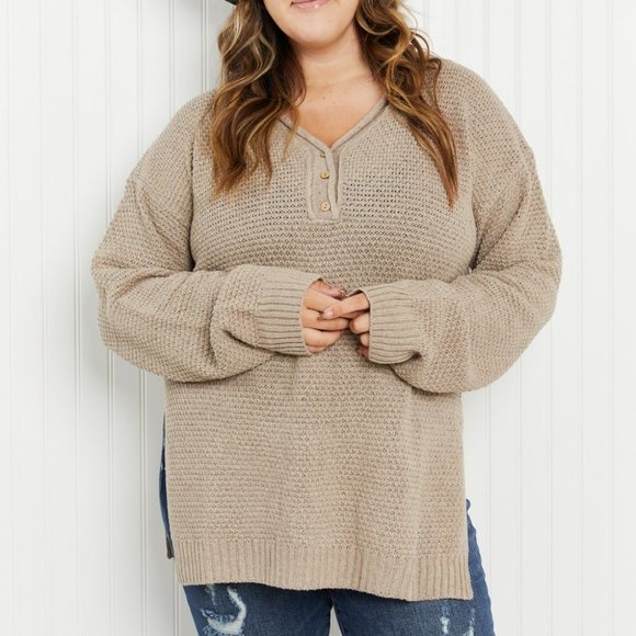 GeeGee Full Size Waffle Knit Henley Sweater - Picture 1 of 8